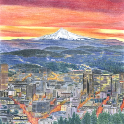 Hand Drawn Colored Pencil Portrait of A City View with Houses and Mountains,by myDaVinci - myDaVinci